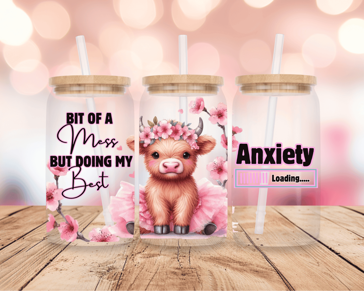 Bit Of A Mess- Pink Highland Cow 16oz DIGITAL DOWNLOAD